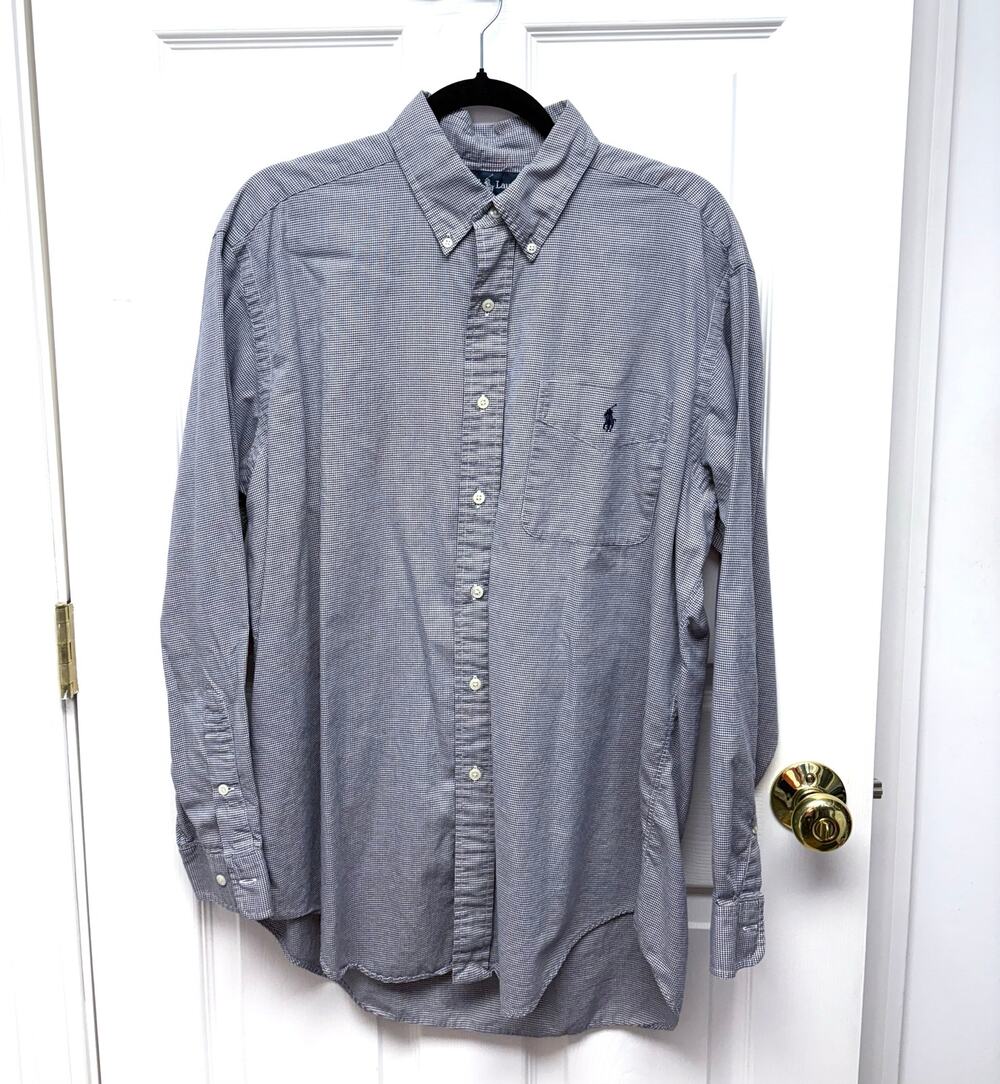 Ralph Lauren Button Down Shirt 100% Yarmouth Cotton Navy White Men's 16 34/35